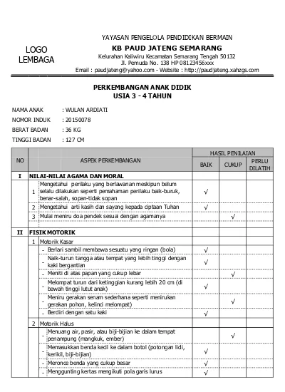 Detail Contoh Pengisian Raport Paud Narasi K13 Nomer 18