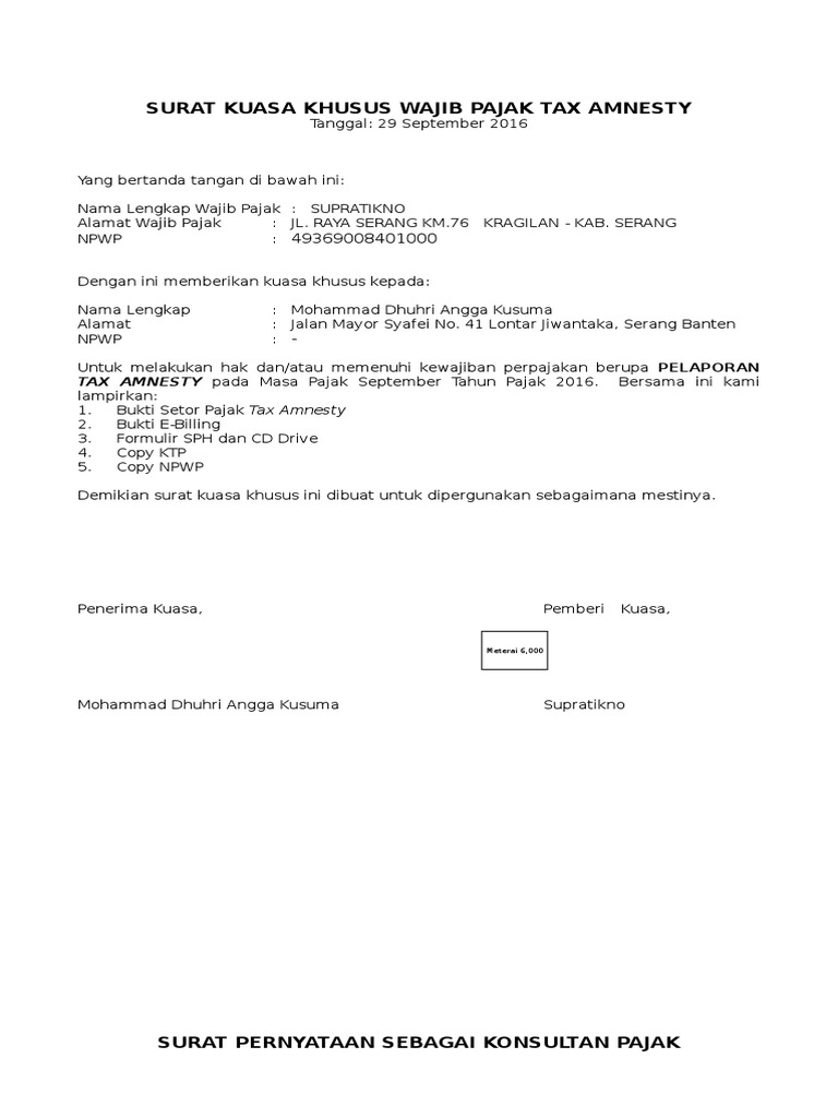Detail Contoh Pengisian Surat Kuasa Khusus Wajib Pajak Nomer 38