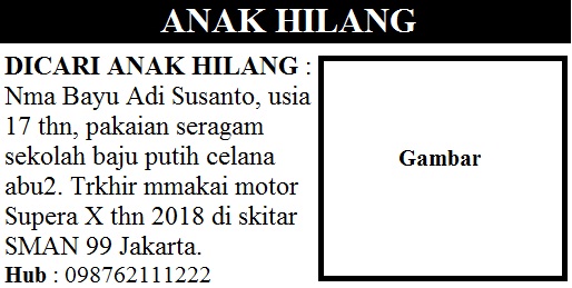 Detail Contoh Pengumuman Orang Hilang Nomer 24