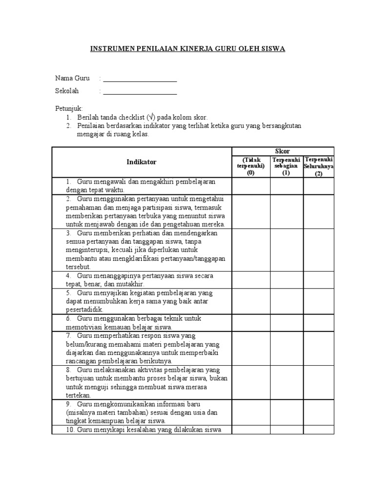 Detail Contoh Penilaian Kinerja Siswa Nomer 2