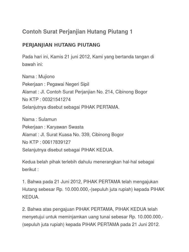 Detail Contoh Perjanjian Hutang Piutang Nomer 42