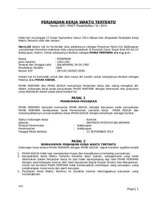 Detail Contoh Perjanjian Kerja Waktu Tertentu Nomer 15