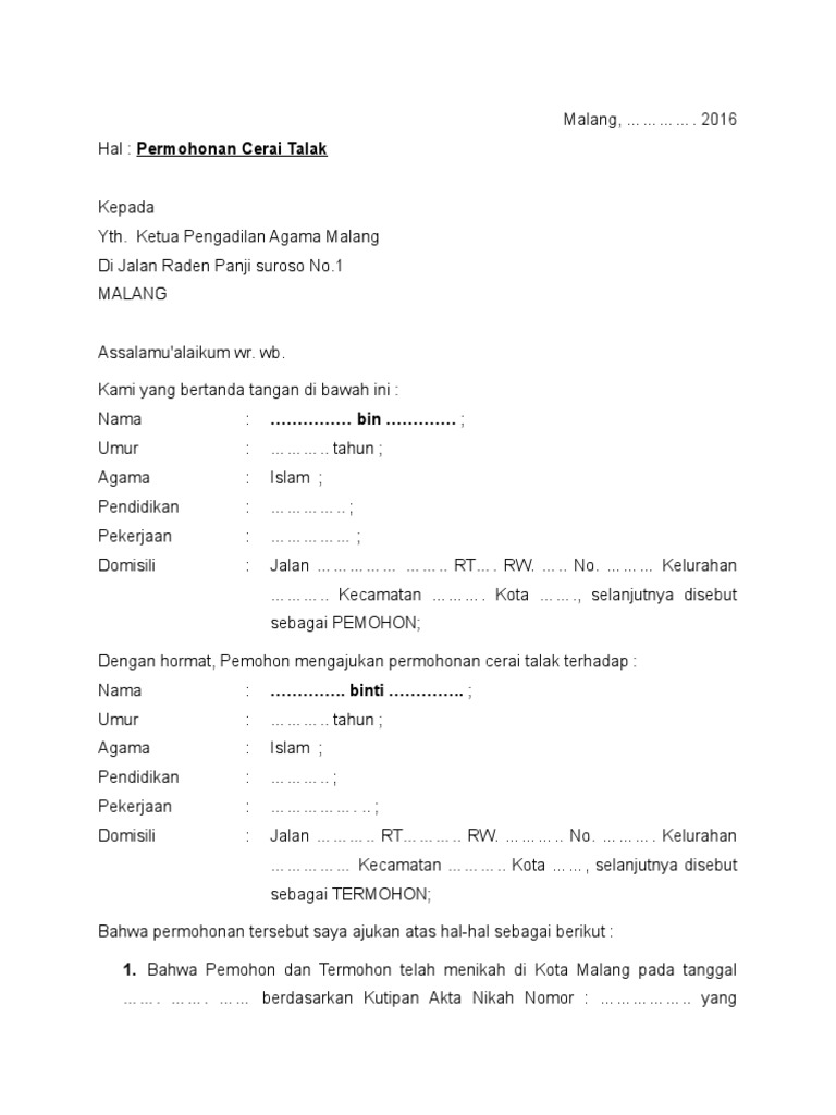 Detail Contoh Permohonan Cerai Talak Nomer 12