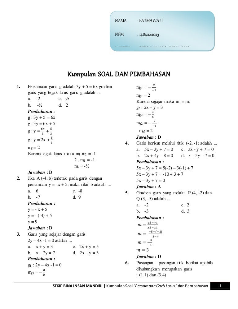 Detail Contoh Persamaan Garis Lurus Nomer 42