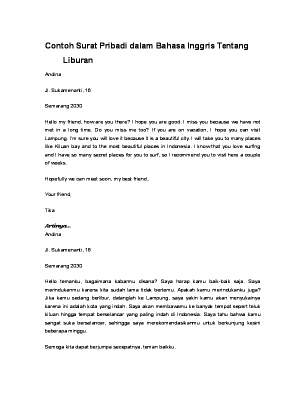 Detail Contoh Personal Letter Tentang Liburan Nomer 6