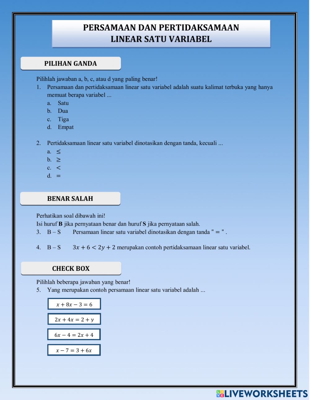 Detail Contoh Pertidaksamaan Linear Satu Variabel Nomer 28