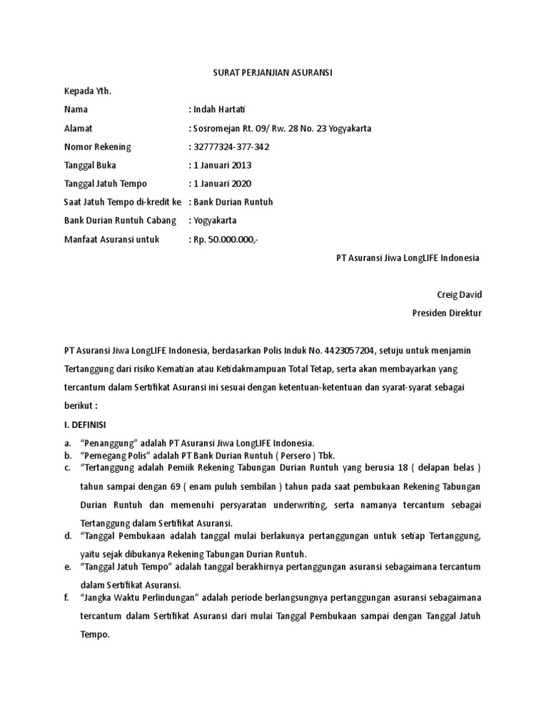 Detail Contoh Polis Asuransi Jiwa Nomer 13