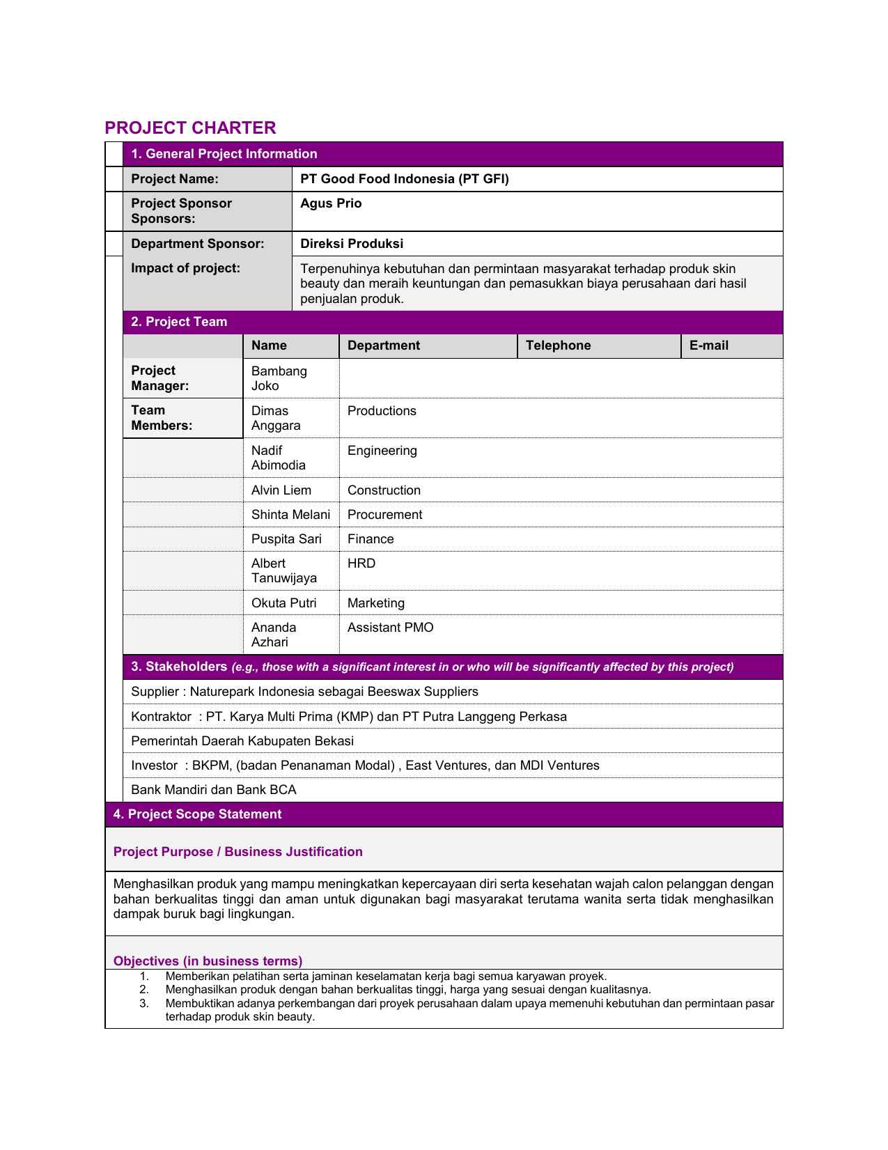 Detail Contoh Project Charter Sederhana Nomer 2