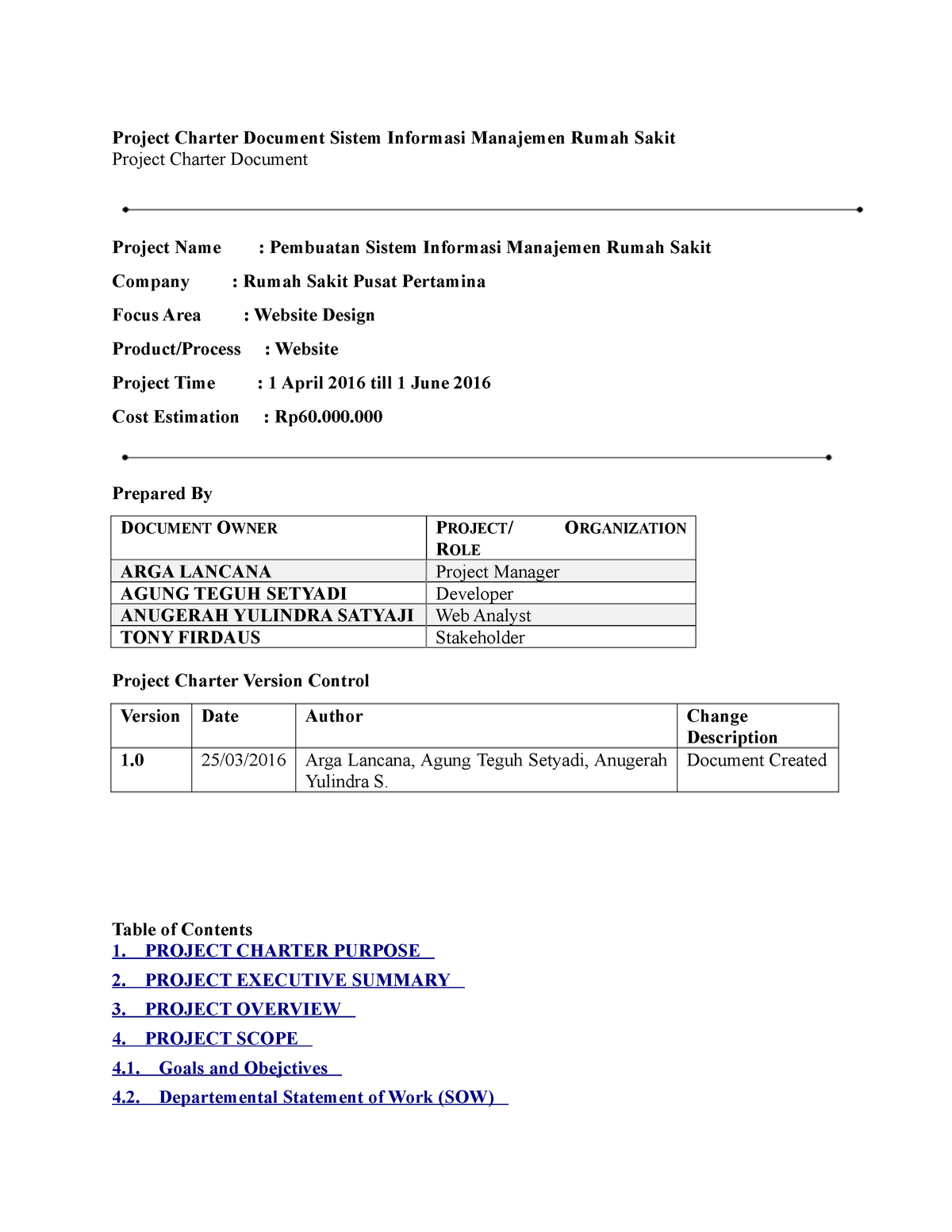 Detail Contoh Project Charter Sederhana Nomer 5