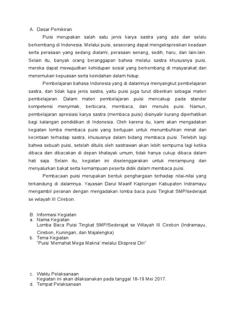 Detail Contoh Proposal Kegiatan Lomba Puisi Nomer 8