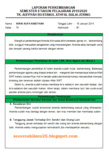 Detail Contoh Raport Paud 2019 Nomer 3