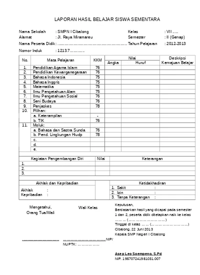 Detail Contoh Raport Sd Nomer 5