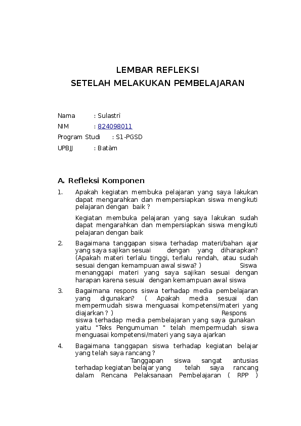 Contoh Refleksi Siswa - KibrisPDR