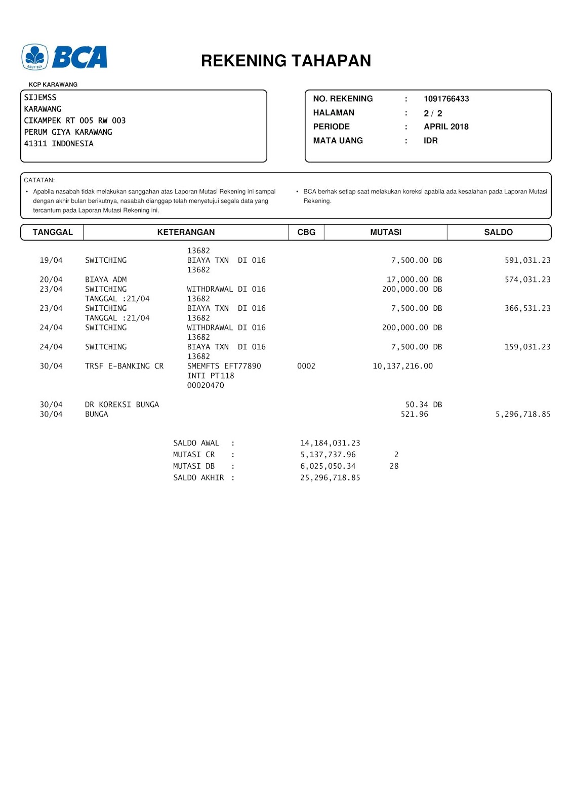 Detail Contoh Rekening Koran Bca Nomer 7