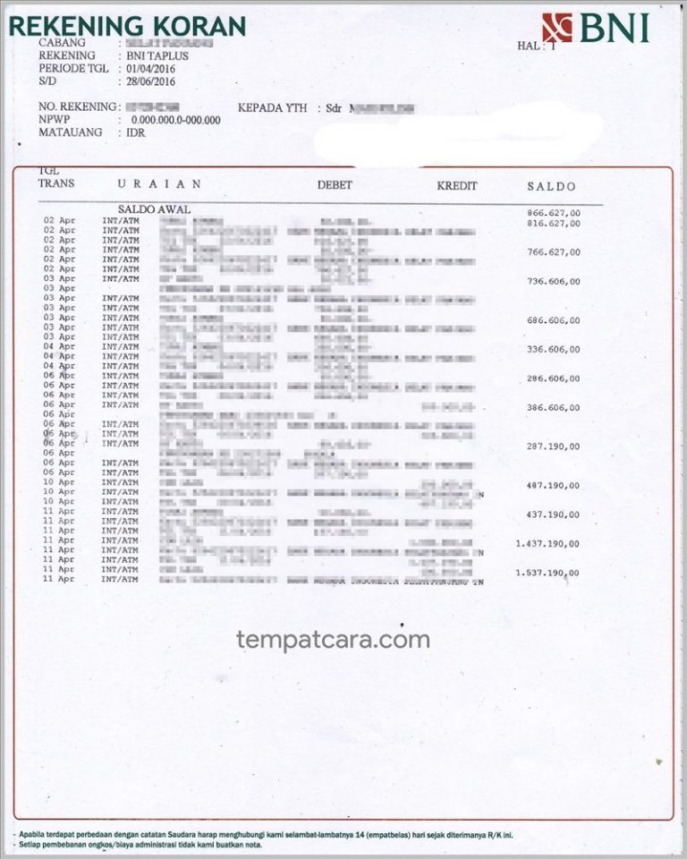 Detail Contoh Rekening Koran Bni Nomer 25