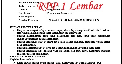 Detail Contoh Rpp 1 Lembar Sd Nomer 24