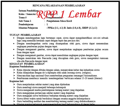 Detail Contoh Rpp 1 Lembar Sd Nomer 6