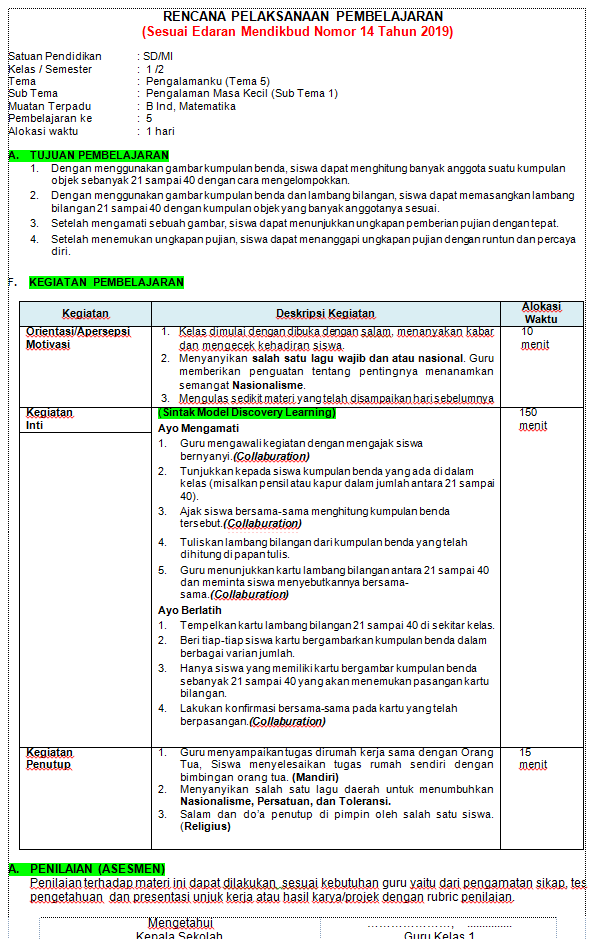 Detail Contoh Rpp Kelas 1 Nomer 40