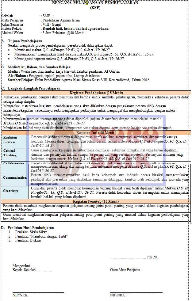 Detail Contoh Rpp Pai Smp 1 Lembar Nomer 19