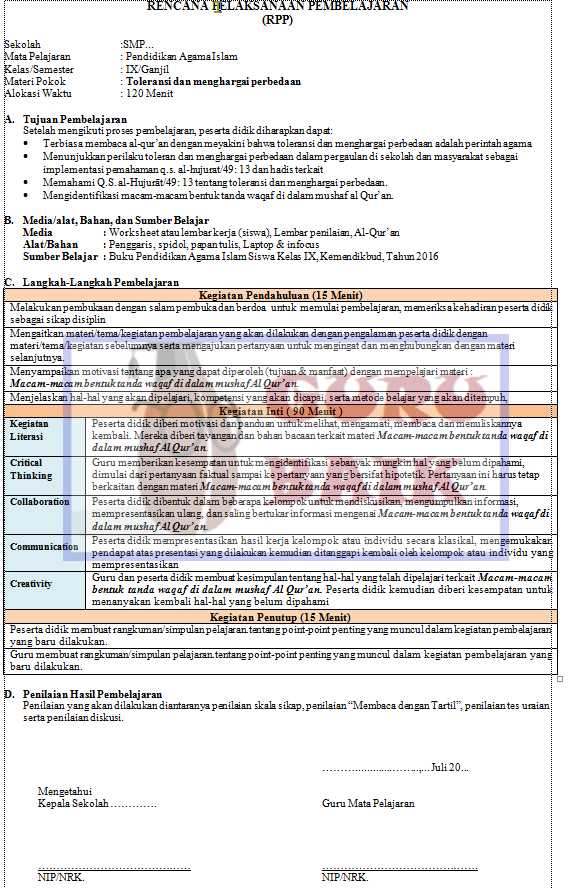 Detail Contoh Rpp Pai Smp 1 Lembar Nomer 23