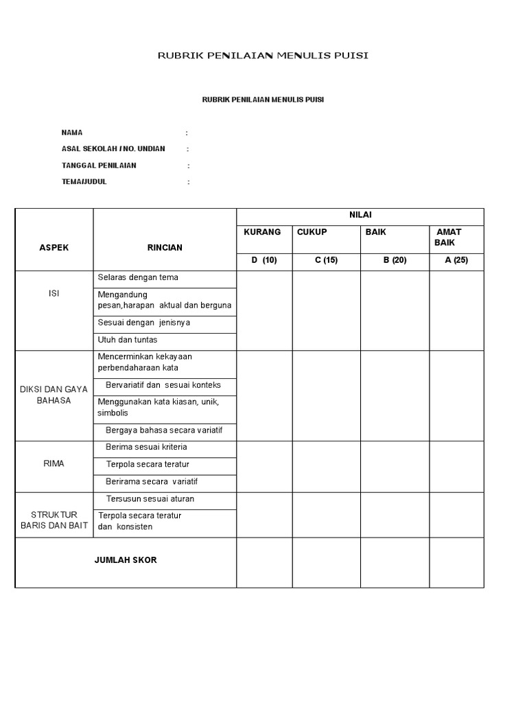 Detail Contoh Rubrik Penilaian Membaca Puisi Nomer 3