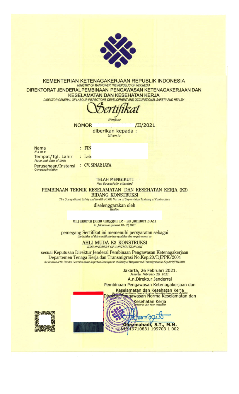 Detail Contoh Sertifikat K3 Konstruksi Nomer 3