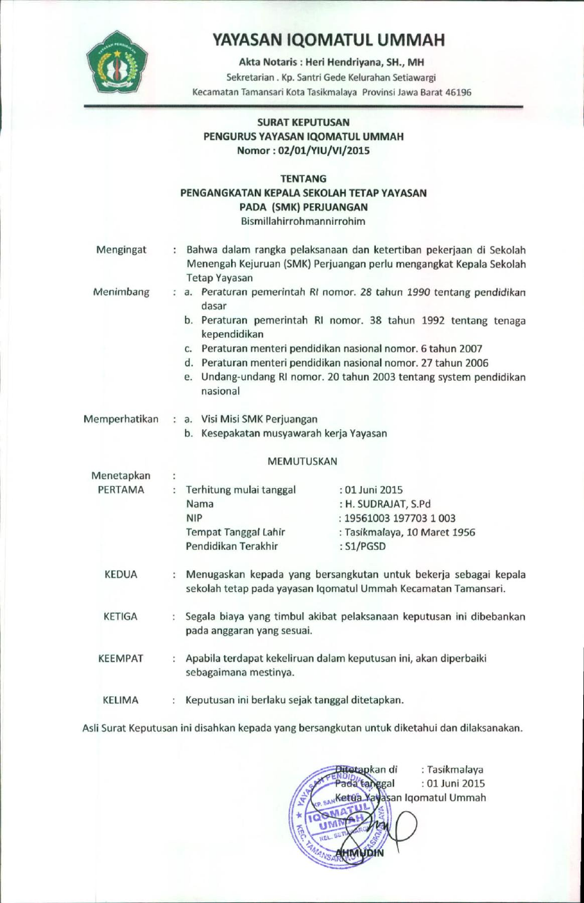 Contoh Sk Pendirian Sekolah Dari Yayasan - Riset