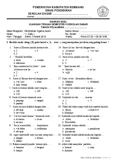 Detail Contoh Soal Agama Kelas 1 Sd Nomer 2