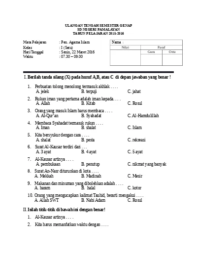 Detail Contoh Soal Agama Kelas 1 Sd Nomer 28