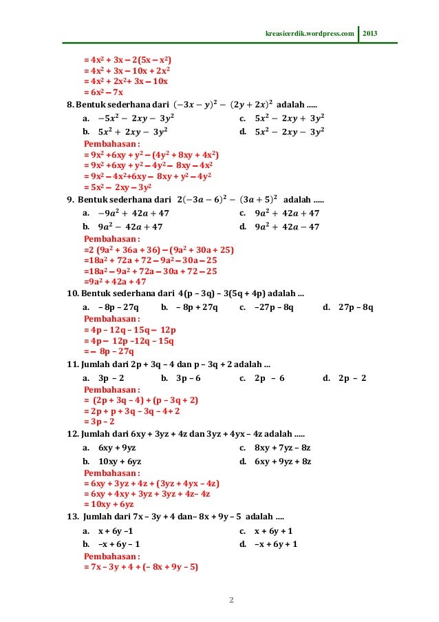 Detail Contoh Soal Aljabar Kelas 7 Nomer 35