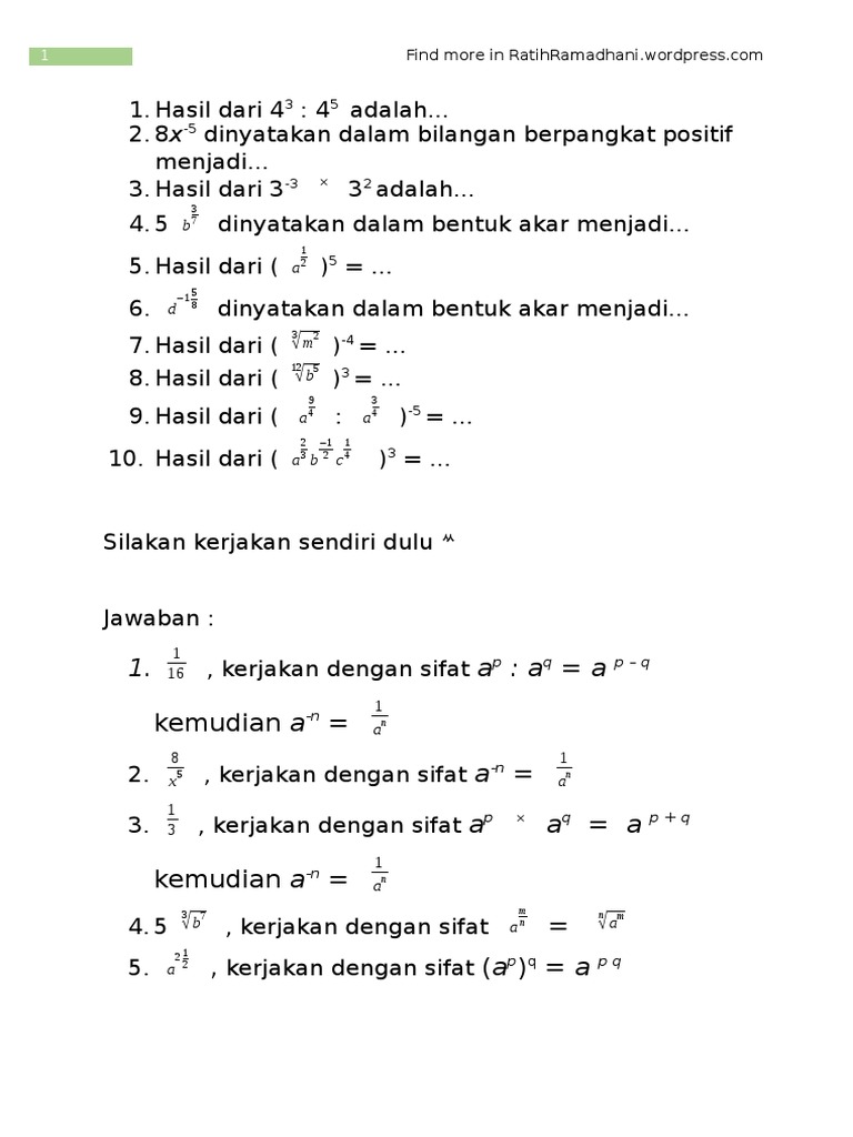 Detail Contoh Soal Bilangan Berpangkat Kelas 9 Nomer 7