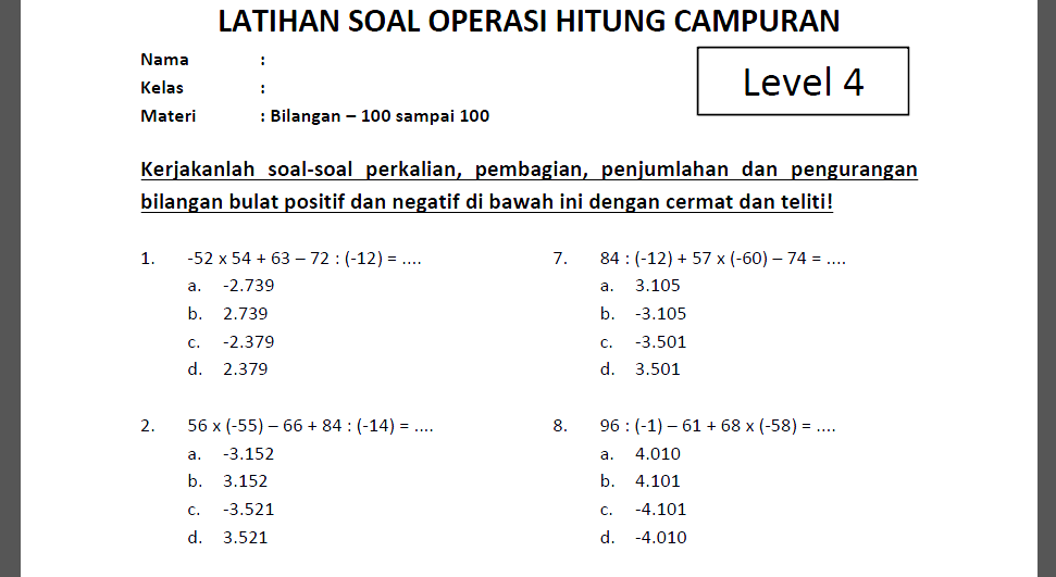 Detail Contoh Soal Bilangan Bulat Positif Dan Negatif Kelas 6 Nomer 12