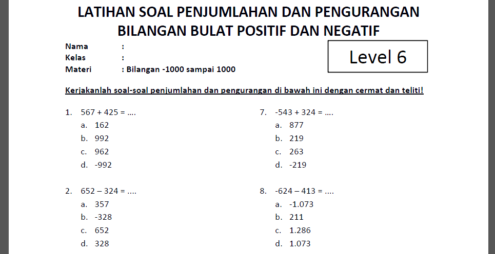 Detail Contoh Soal Bilangan Bulat Positif Dan Negatif Kelas 6 Nomer 24