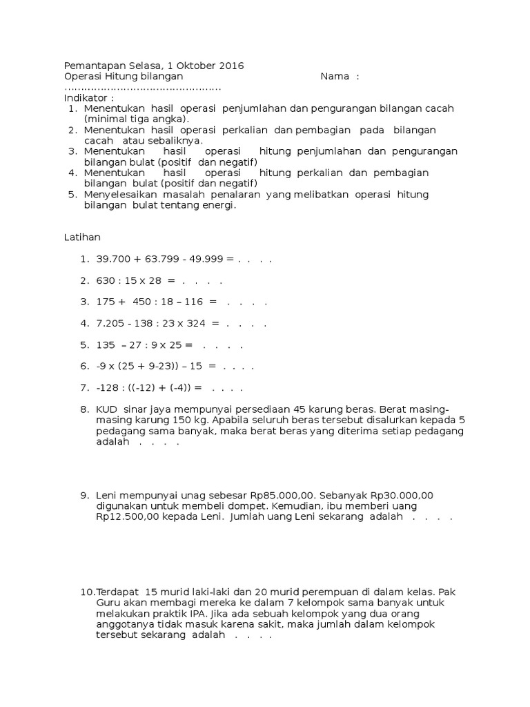 Detail Contoh Soal Bilangan Bulat Positif Dan Negatif Kelas 6 Nomer 30