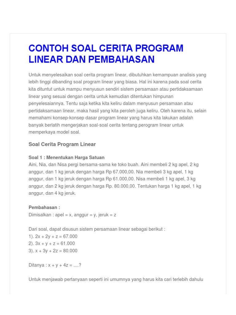 Detail Contoh Soal Cerita Persamaan Linear Dua Variabel Nomer 52