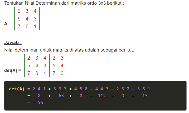 Detail Contoh Soal Determinan Matriks Ordo 3x3 Nomer 21