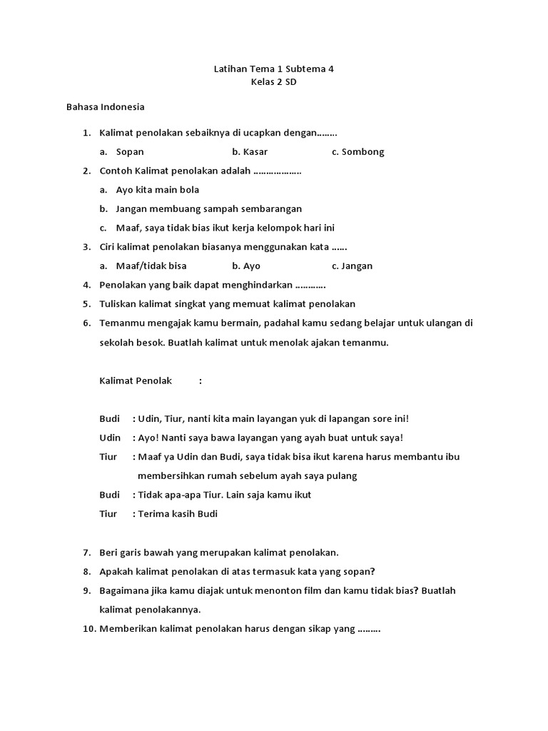 Detail Contoh Soal Kalimat Penolakan Kelas 2 Sd Nomer 8