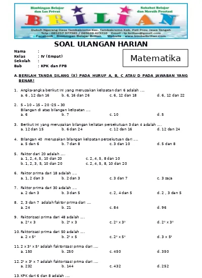 Contoh penyelesaian soal matematika fpb kelas 4 cerita