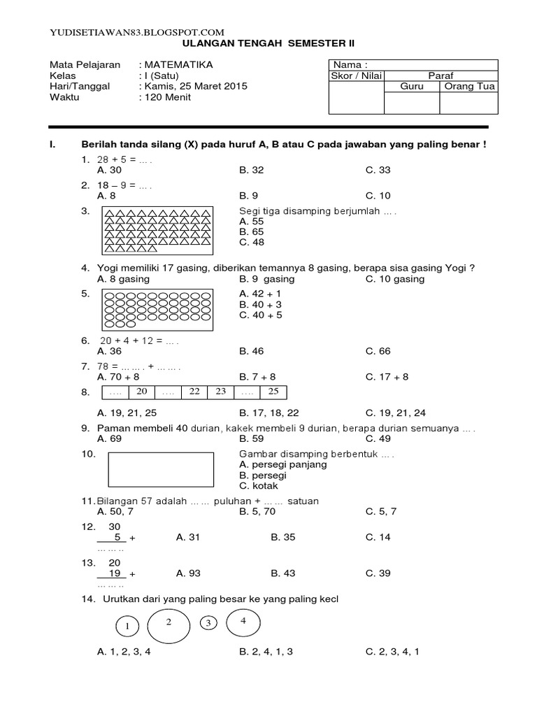 Detail Contoh Soal Matematika Kelas 1 Sd Nomer 17