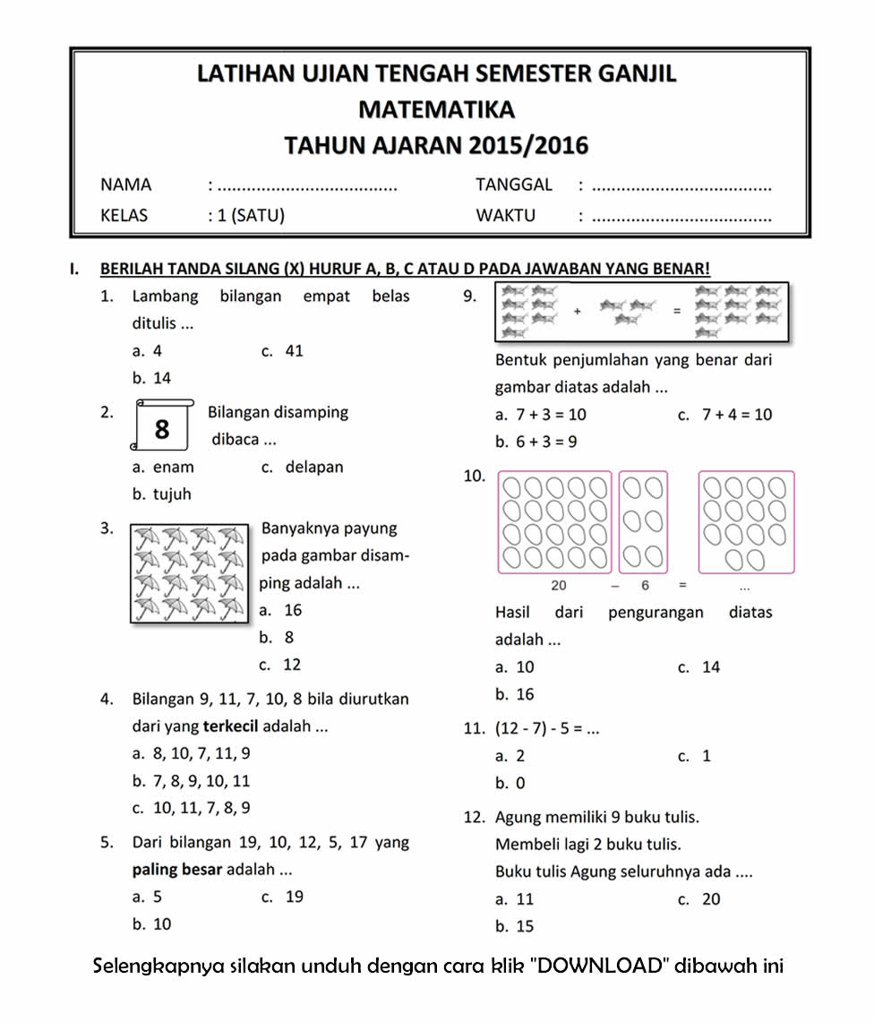 Detail Contoh Soal Matematika Kelas 1 Sd Nomer 19