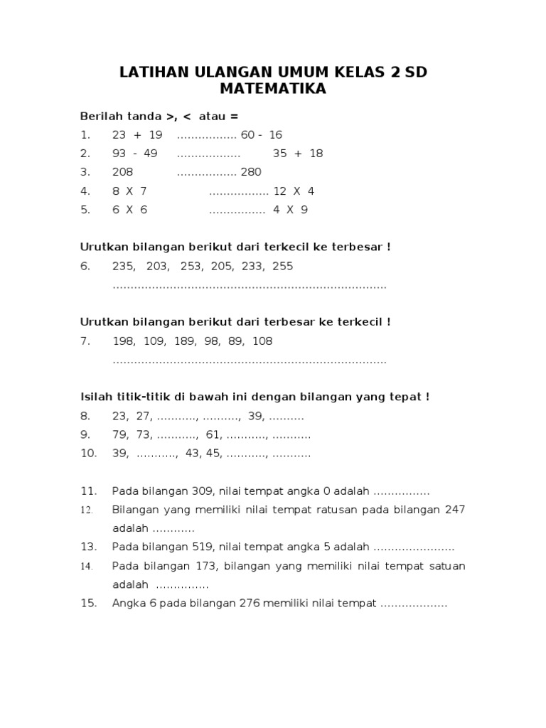 Detail Contoh Soal Matematika Kelas 2 Nomer 4