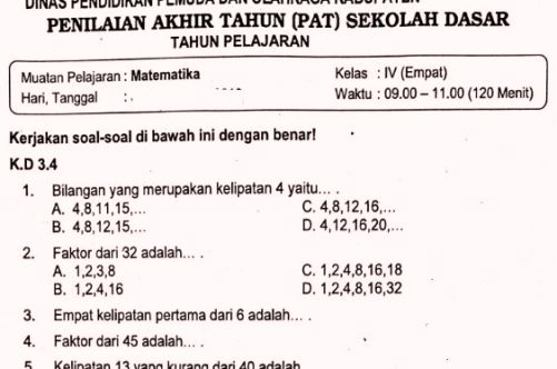 Contoh Soal Matematika Kelas 4 Semester 2 - KibrisPDR