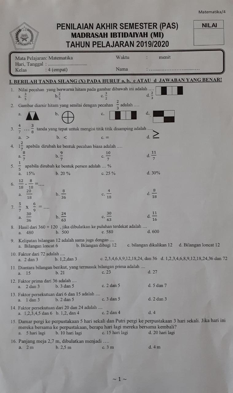 Detail Contoh Soal Matematika Kelas 4 Semester 2 Nomer 15