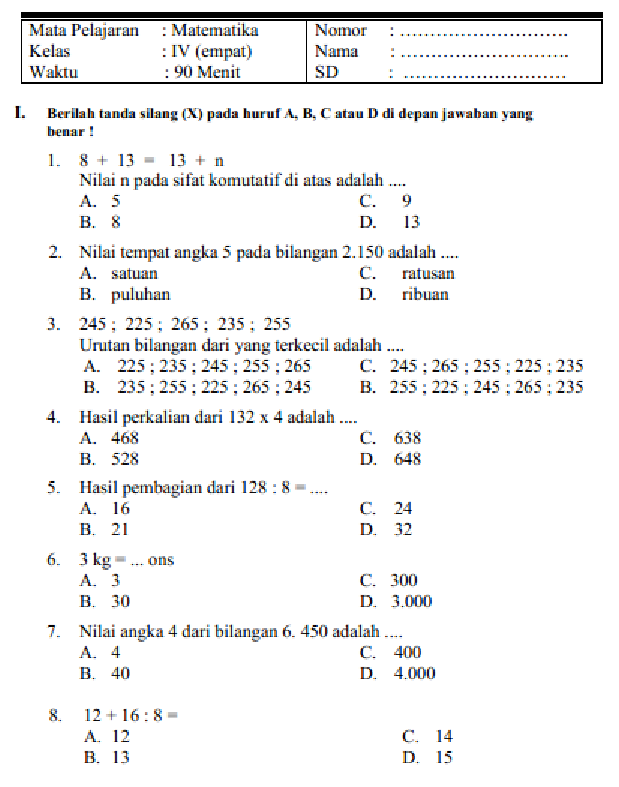 Detail Contoh Soal Matematika Kelas 4 Semester 2 Nomer 4