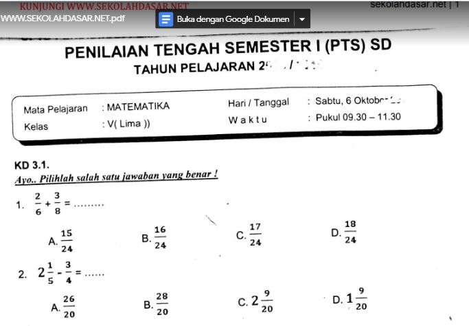 Detail Contoh Soal Matematika Kelas 5 Nomer 4