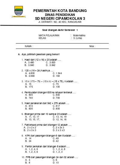 Detail Contoh Soal Matematika Kelas 5 Nomer 6