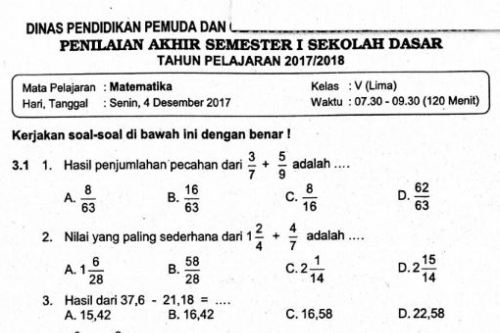 Contoh Soal Matematika Kelas 5 Semester 1 - KibrisPDR