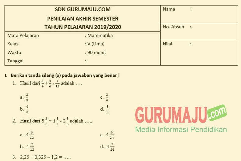 Detail Contoh Soal Matematika Kelas 5 Semester 1 Nomer 13