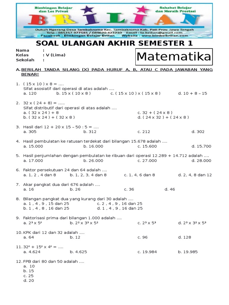 Detail Contoh Soal Matematika Kelas 5 Semester 1 Nomer 20