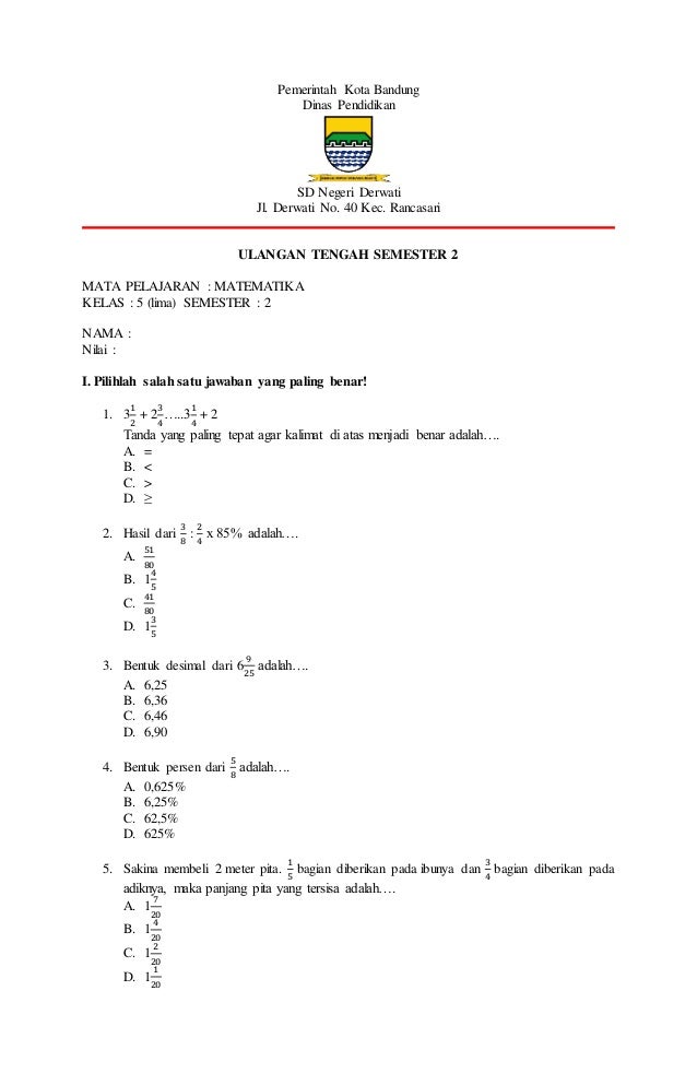 Detail Contoh Soal Matematika Kelas 5 Semester 1 Nomer 22